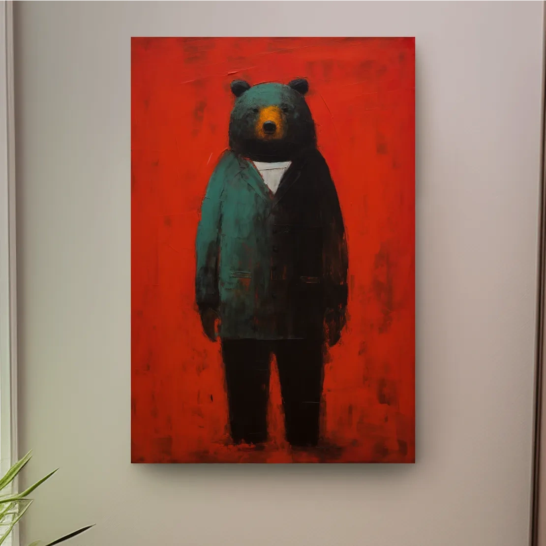 Bear wearing a suit, expressive textured painting