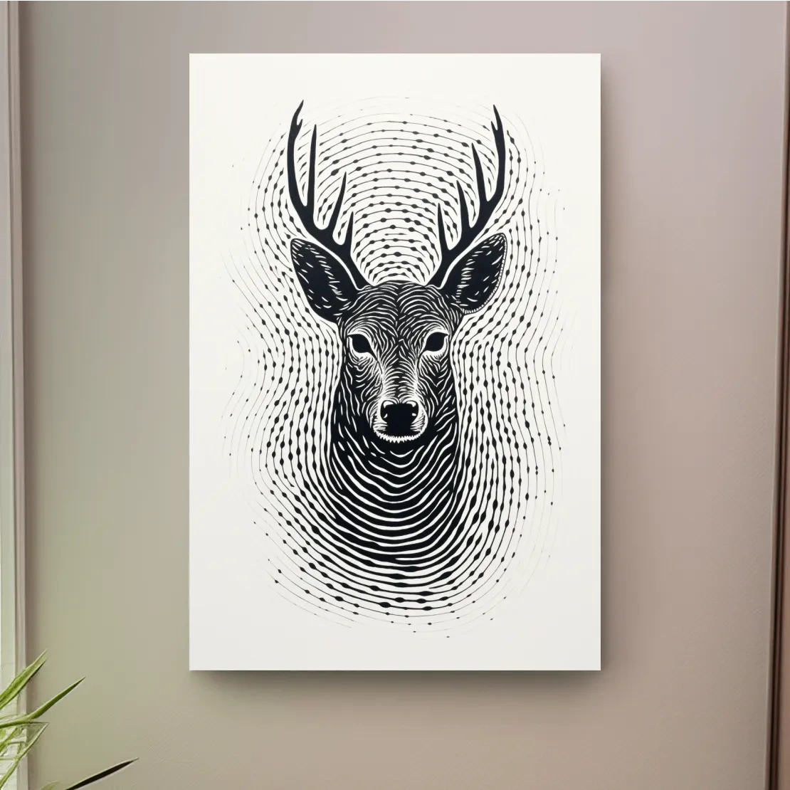 Psychedelic Deer Head Fingerprint Line Art - Black And White Wildlife Wall Art