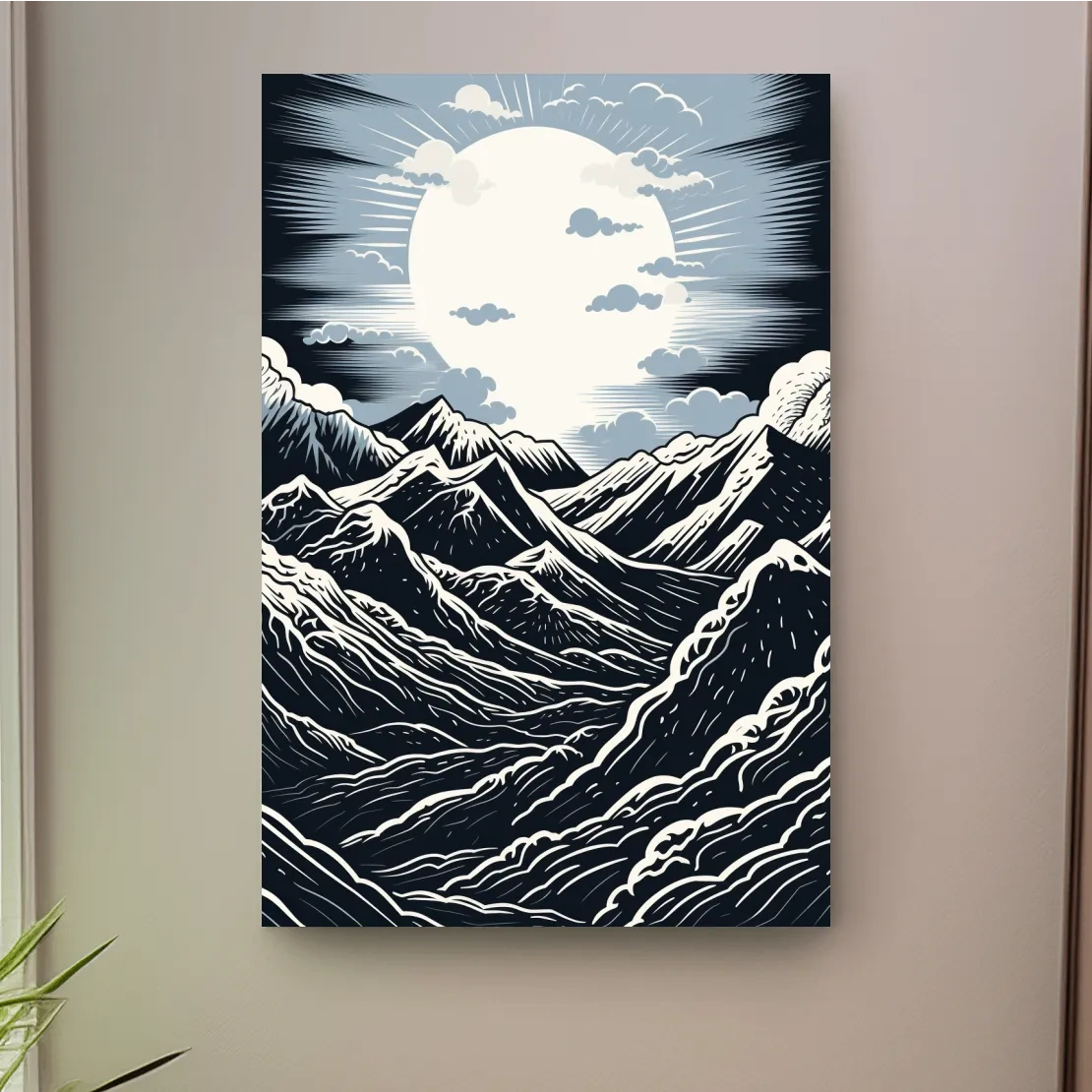 Linocut style mountain art illustration