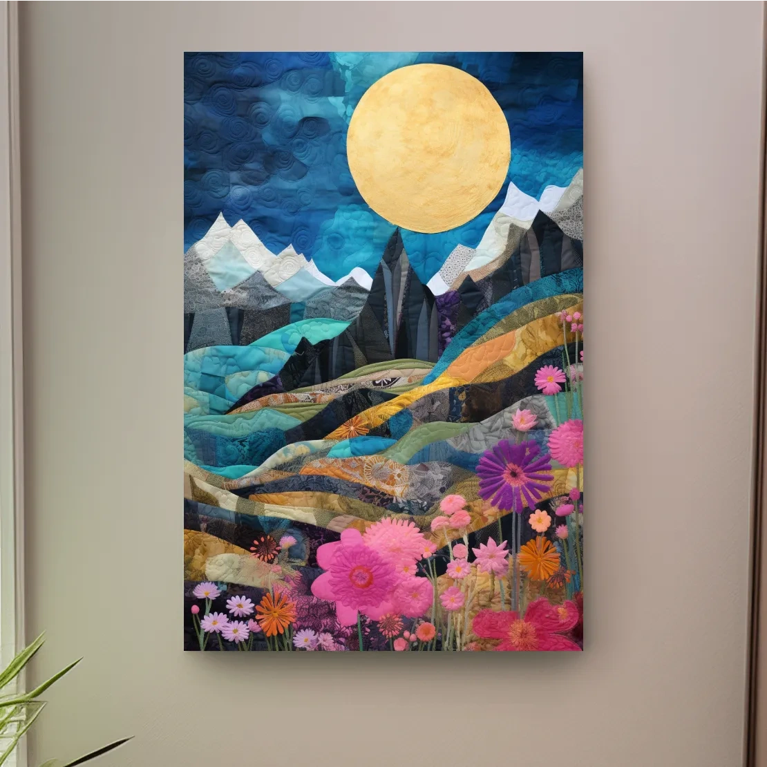 Handstitched patchwork style art, alpine flowers mountain artwork