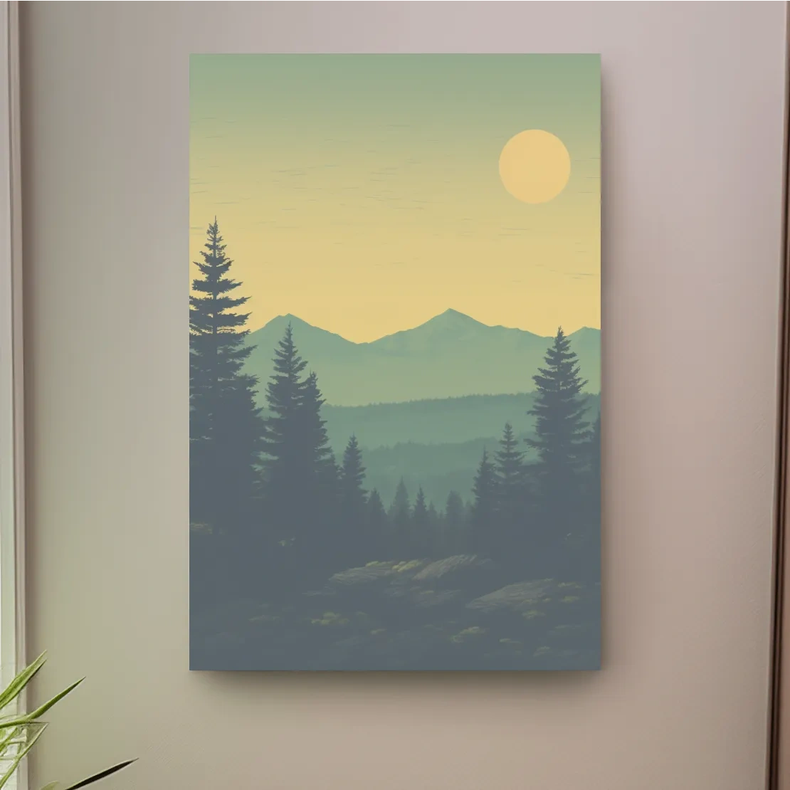 Minimalist Hazy Mountain Sunrise Landscape - Serene Alpine Forest Wall Art