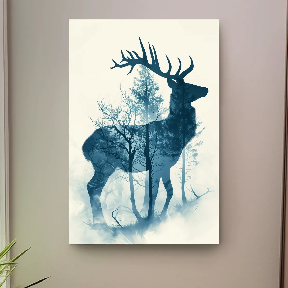 Deer and forest silhouette artwork, ethereal double exposure wall art
