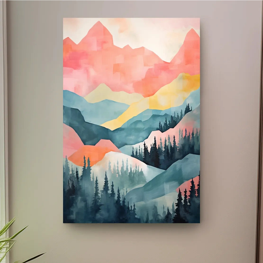 Abstract colorful painting of alpine mountains and trees