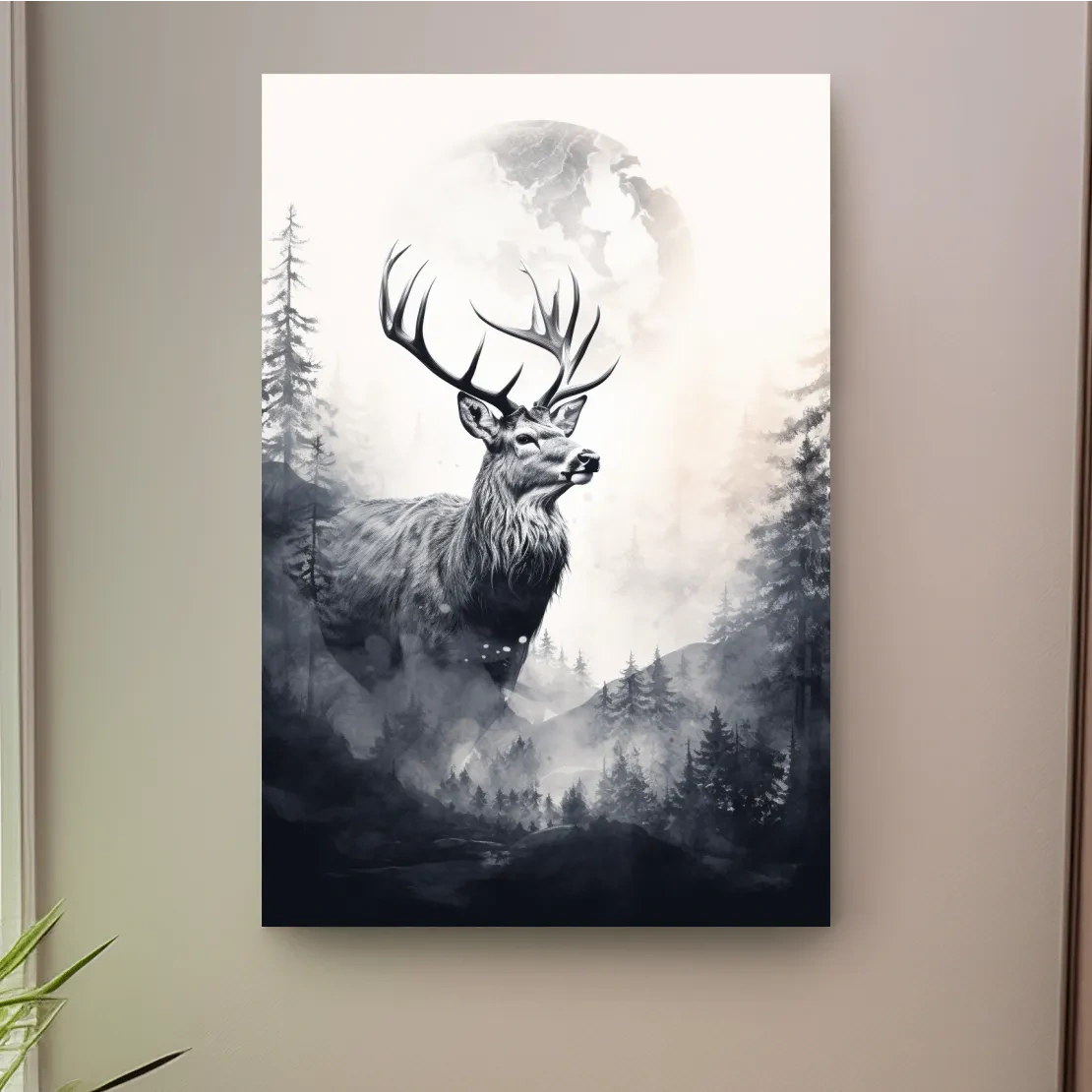 Deer and forest artwork drawing, double exposure style