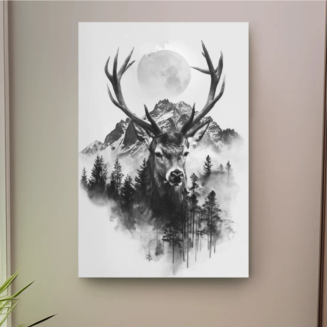 Monochrome Stag Glacier Moon Drawing - Double Exposure Wildlife Wall Art