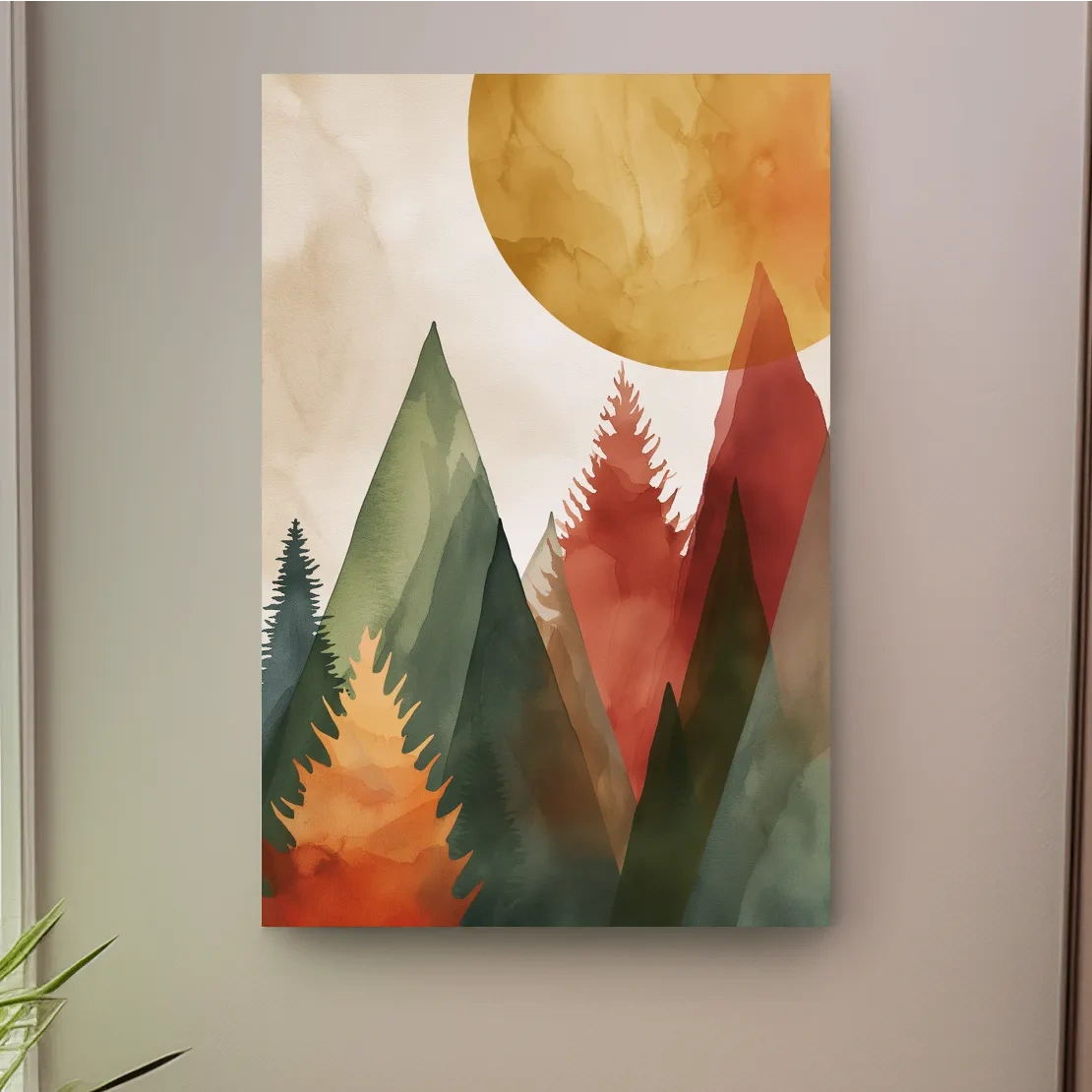 Trees and mountains under the sun, rustic boho watercolour print