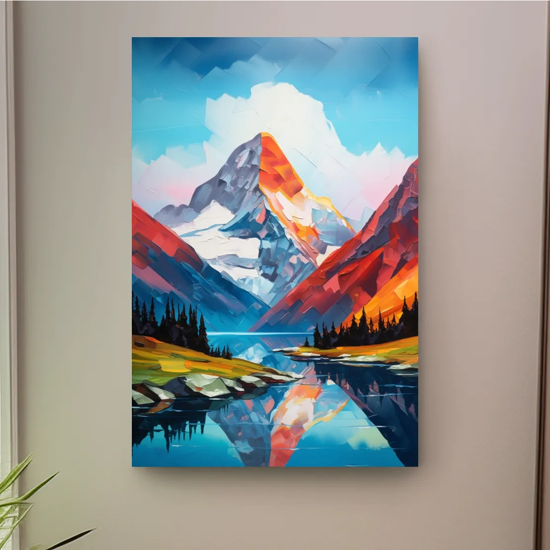 Alpine lake under a glacier, vibrant palette knife style impasto painting