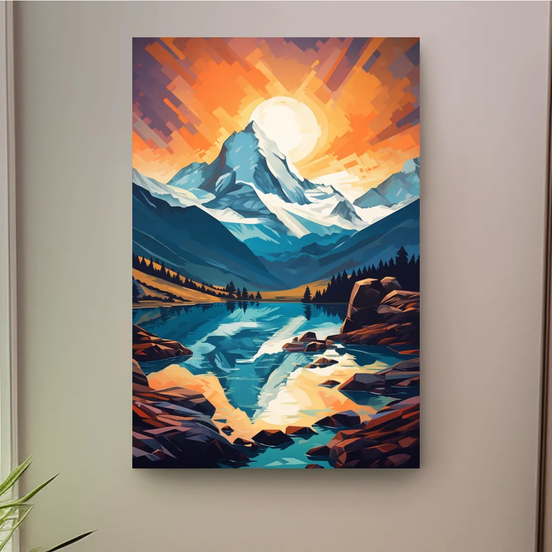 Sunset over the alpine glaciers, vector mountain art