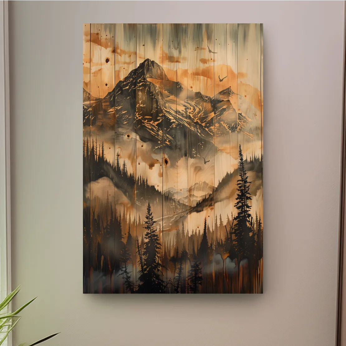 Mountain range wall art, wood panel effect, rustic cabin art, wood burning style