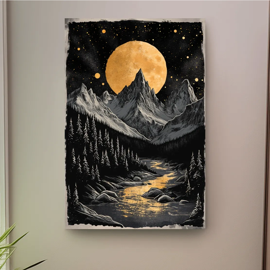 Moonlit alpine scene, dramatic glacier and moon artwork