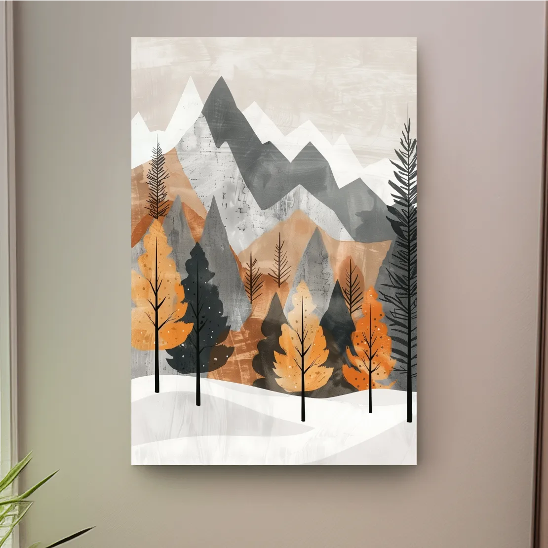 Scandinavian style forest artwork, alpine mountains in fall
