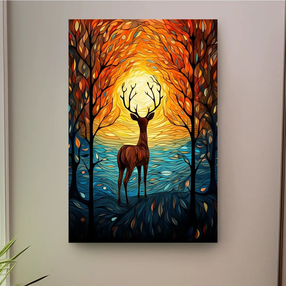 Glowing Autumn Forest Deer Silhouette - Vibrant Stained Glass Style Wall Art