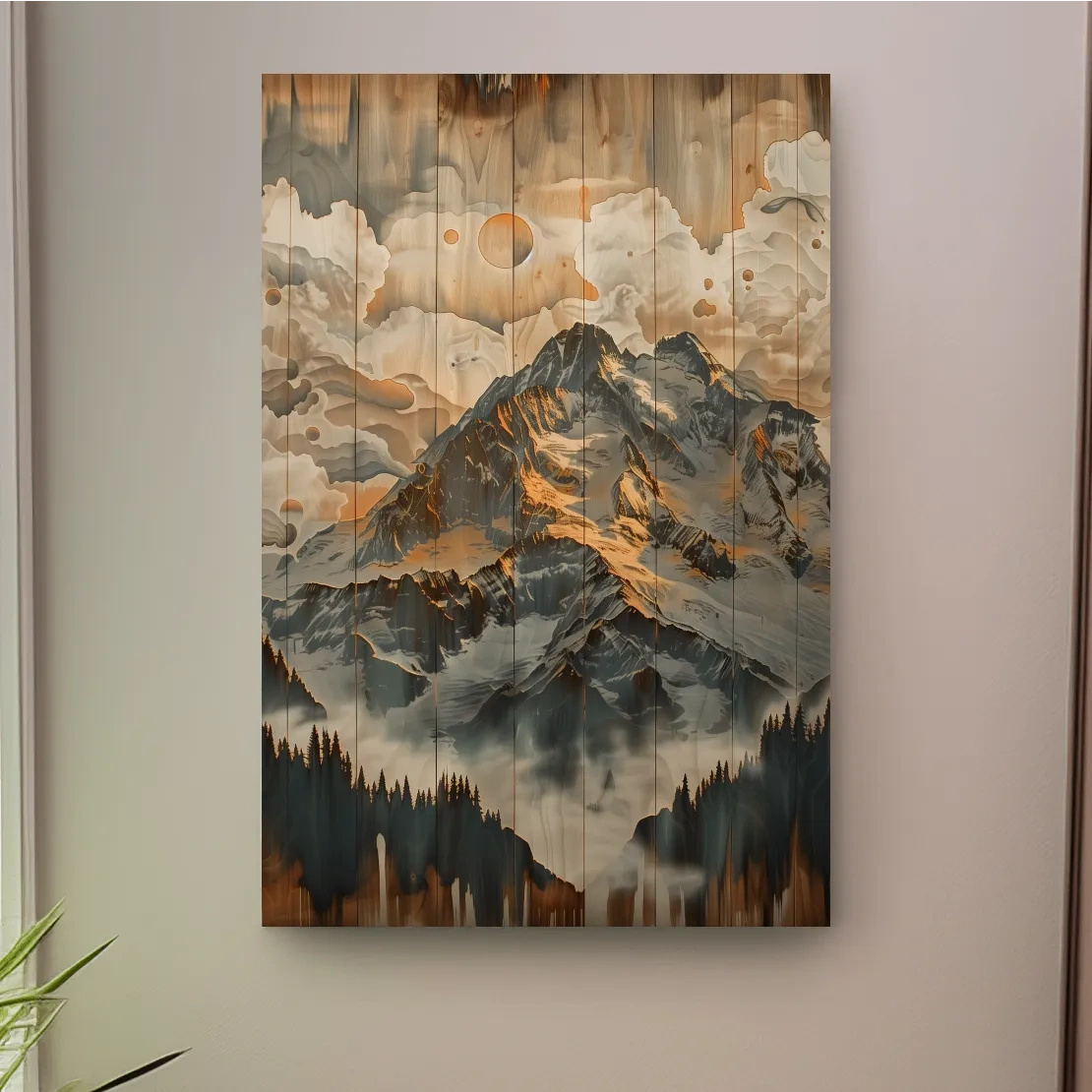 Glacier mountain range wall art, wood panel effect artwork