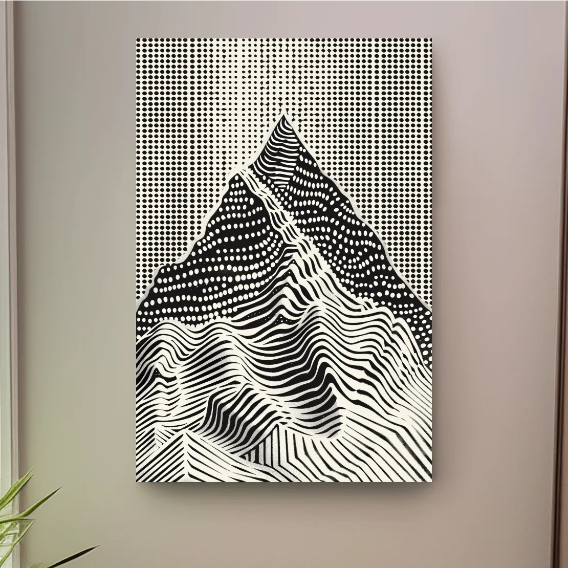 Mountain artwork, linocut style optical illusion art