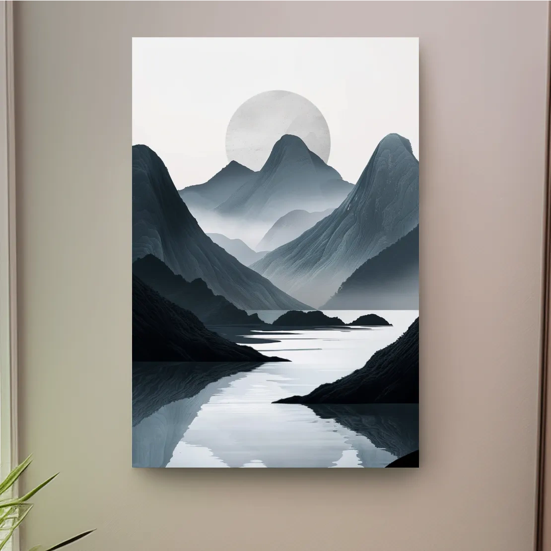 Black & white mountain artwork, view down a foggy valley and lake