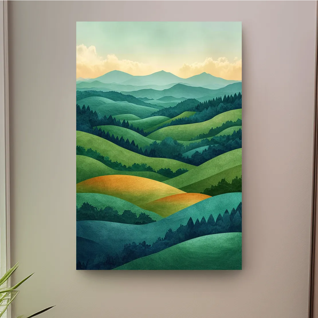 Layered Emerald Rolling Hills Landscape - Serene Scandinavian Nature Wall Art