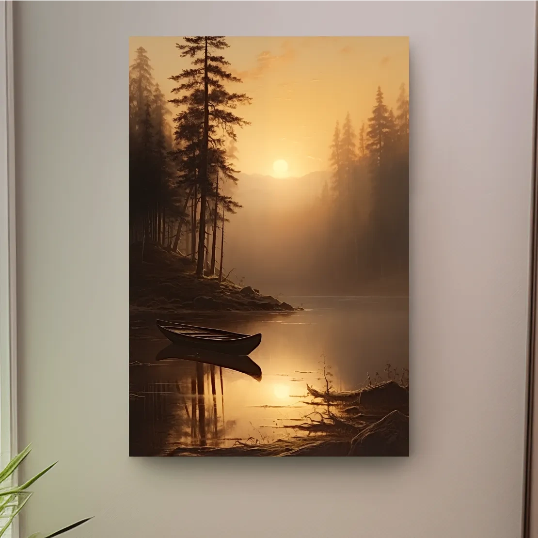 Sunset painting of a canoe on a lake at golden hour