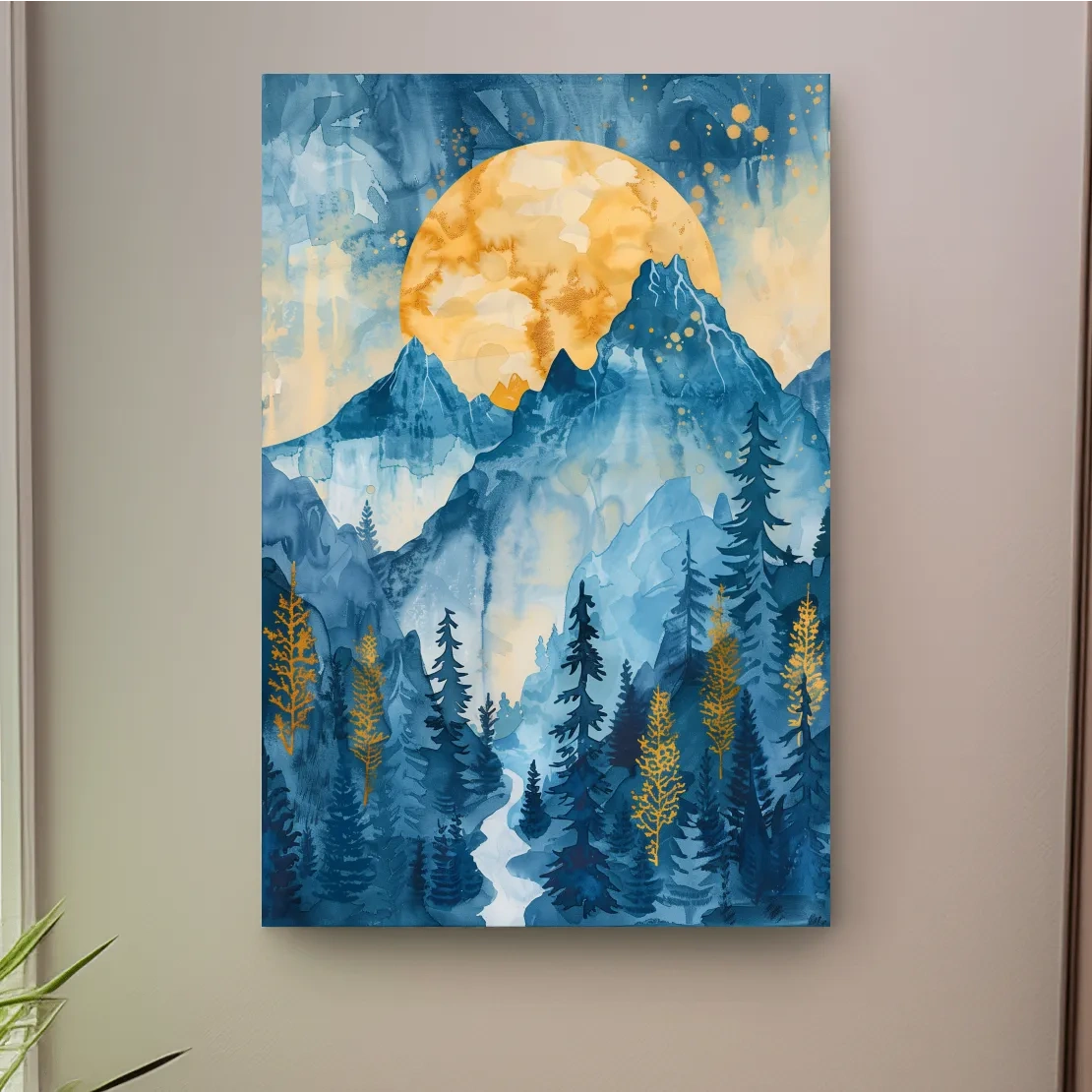 Abstract watercolour mountain painting at sunset