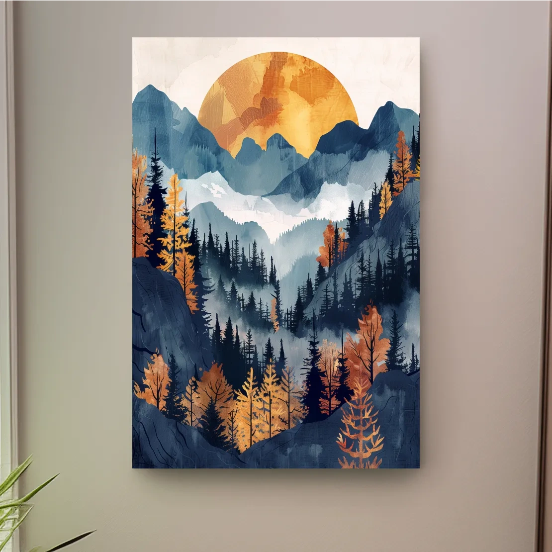 Foggy Autumn Alpine Forest Sunset - Modern Watercolor Mountain Wall Art