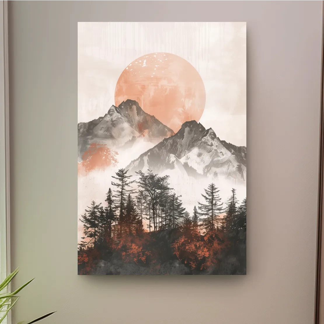 Japandi style boho wall art, sunset over an alpine forest, mountains & trees