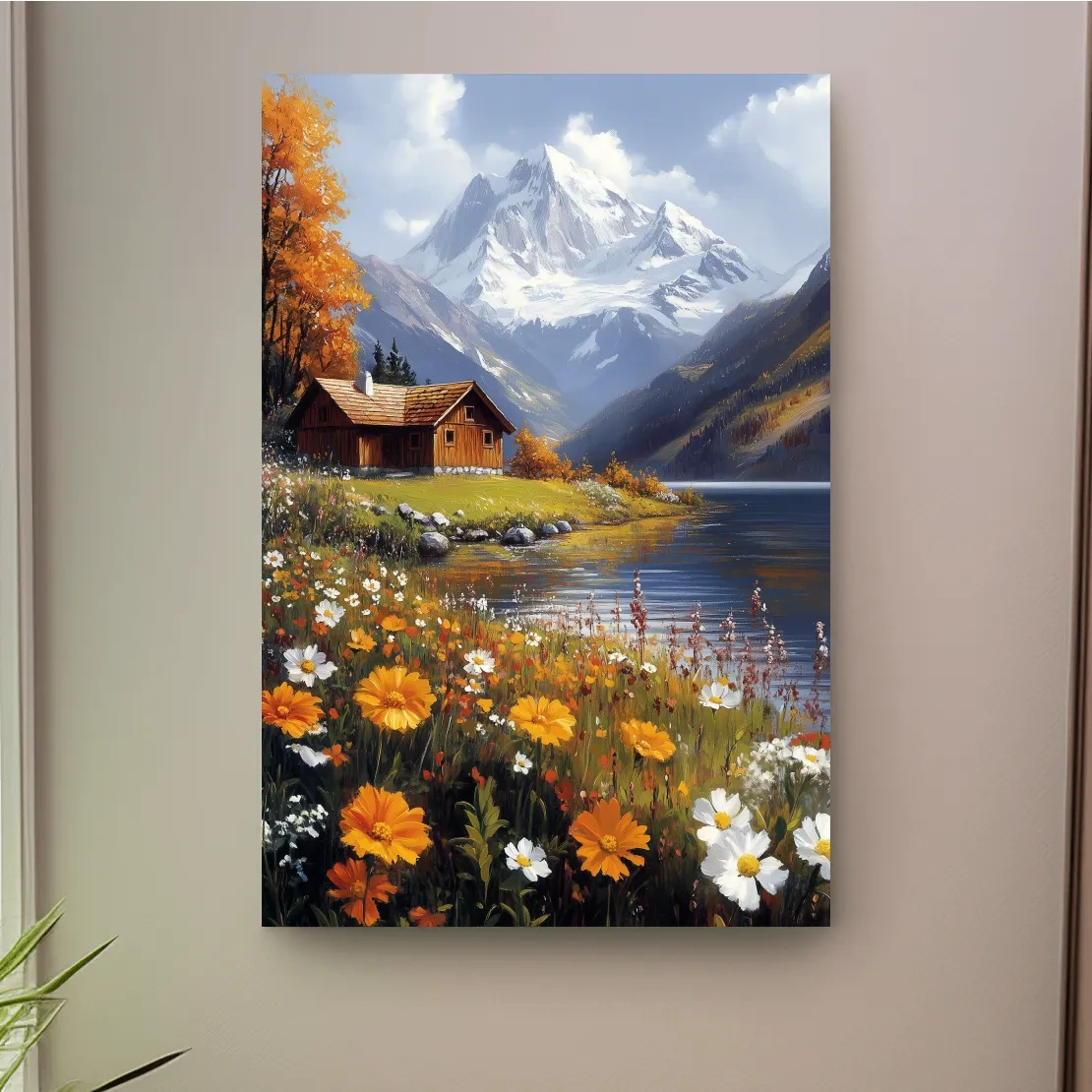 Impressionist painting of a lakeside cabin in the alpine meadows beneath a glacier