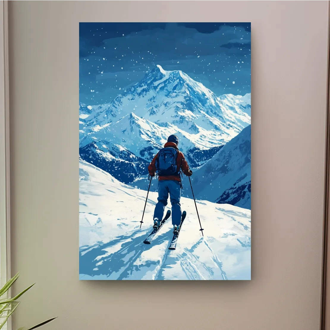 Painting of a backcountry skier in the snow, ski wall art