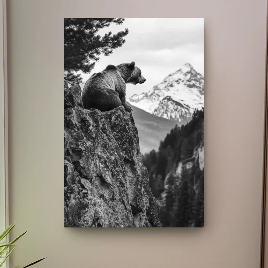 Grizzly bear taking in a mountain view, photographic wildlife wall art