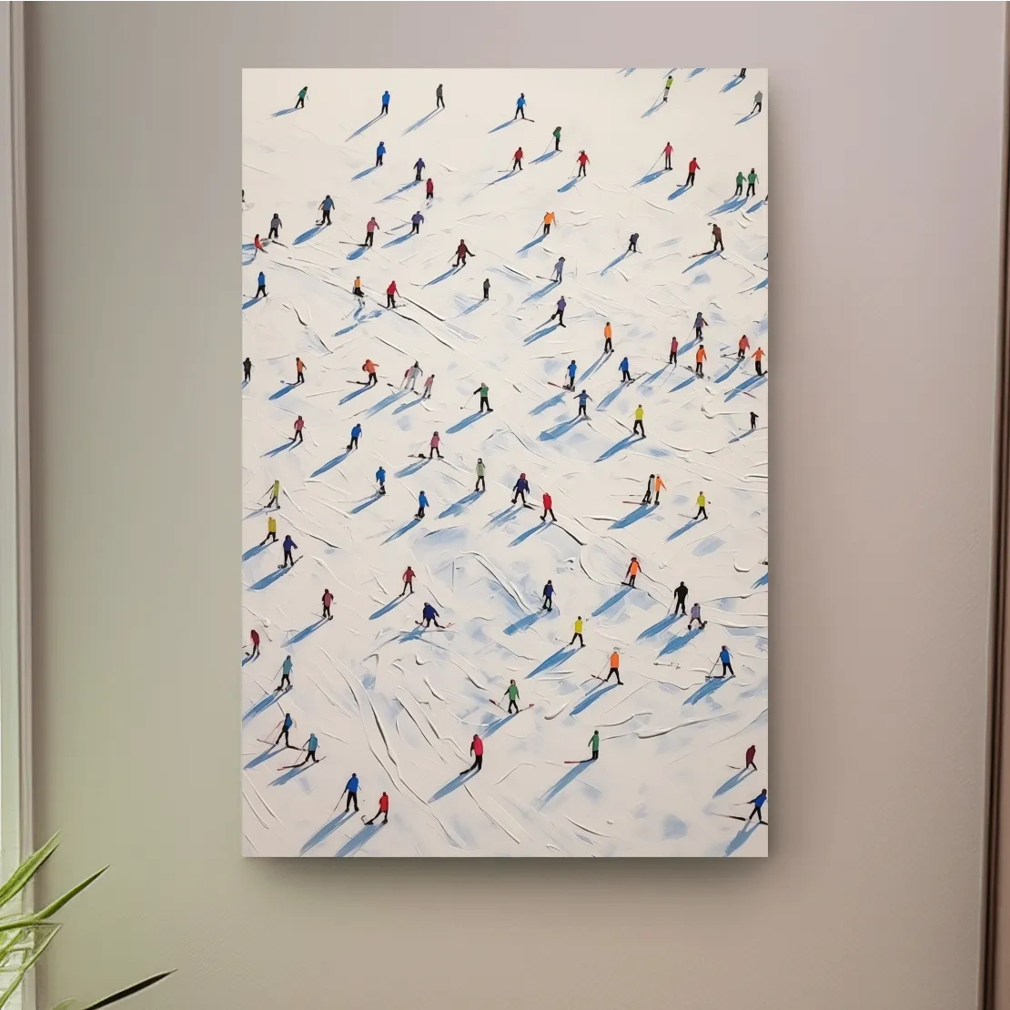 Lots of little skiers in a ski resort, textured painting effect