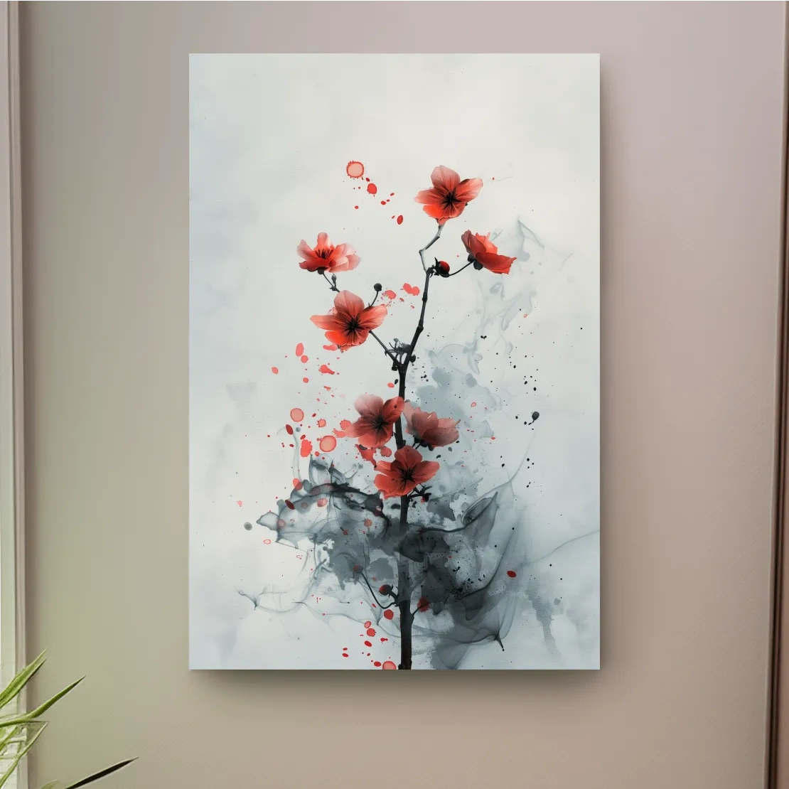 Red Cherry Blossom Ink Wash Painting - Minimalist Floral Wall Art