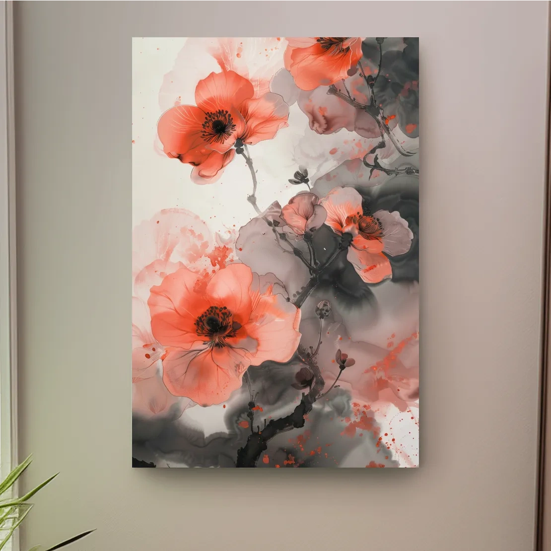 Poppy Blossom Ink Wash Painting - Floral Botanical Watercolor Artwork