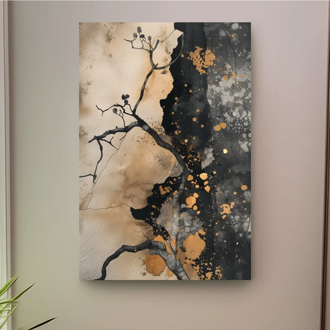 Ink Branch Silhouette With Gold Splatter - Modern Japandi Abstract Wall Art