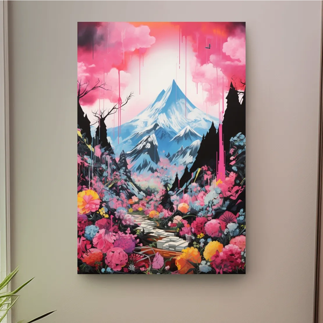 Energetic illustration of pink alpine flowers by a glacier