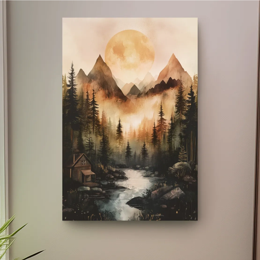 Alpine lake cabin painting, rustic watercolor effect, forest and mountains