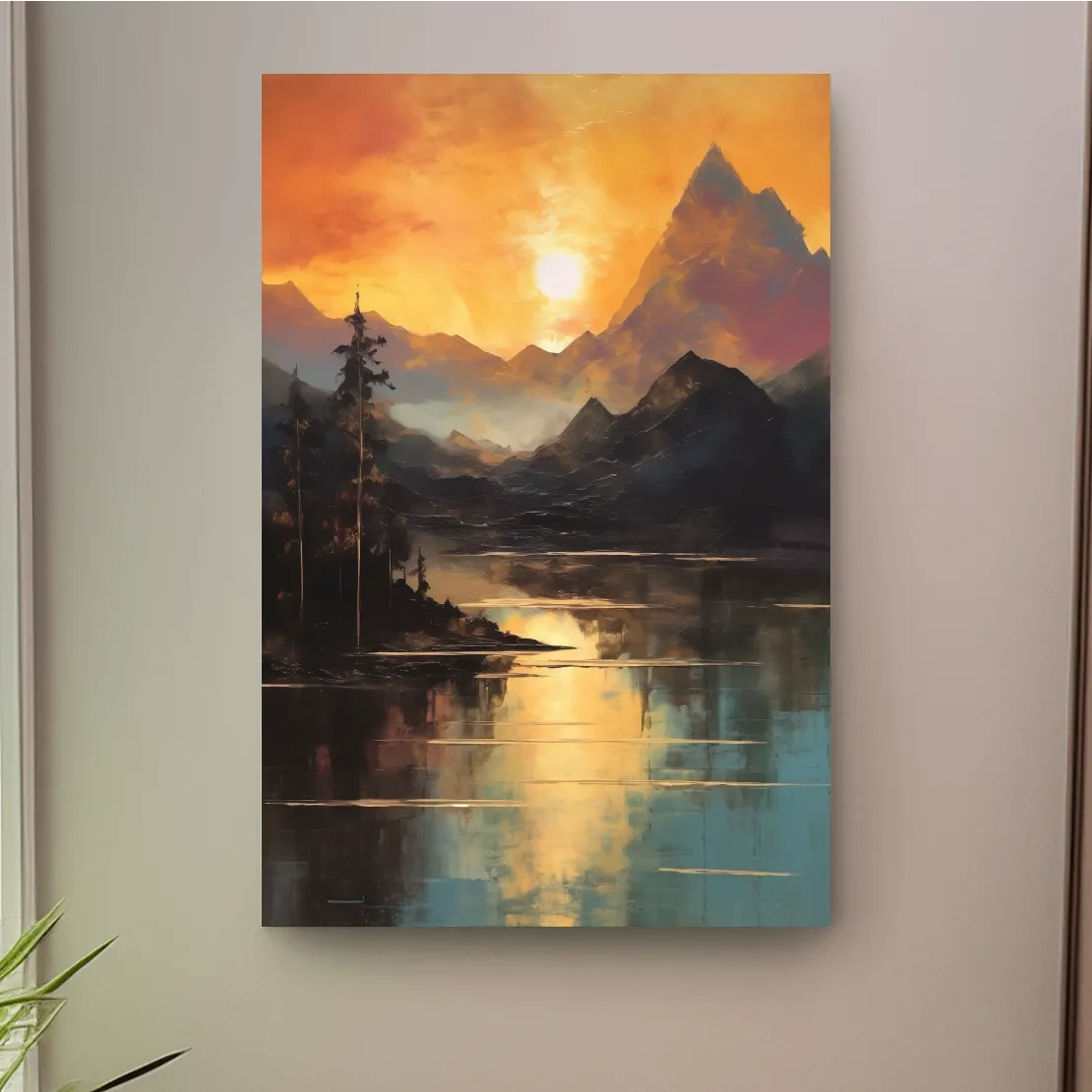 Sunrise mountain lake artwork, oil painting print wall art