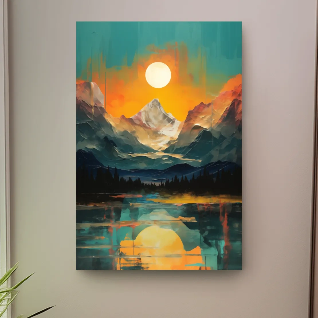 Oil painting artwork print of a mountain scene at sunset