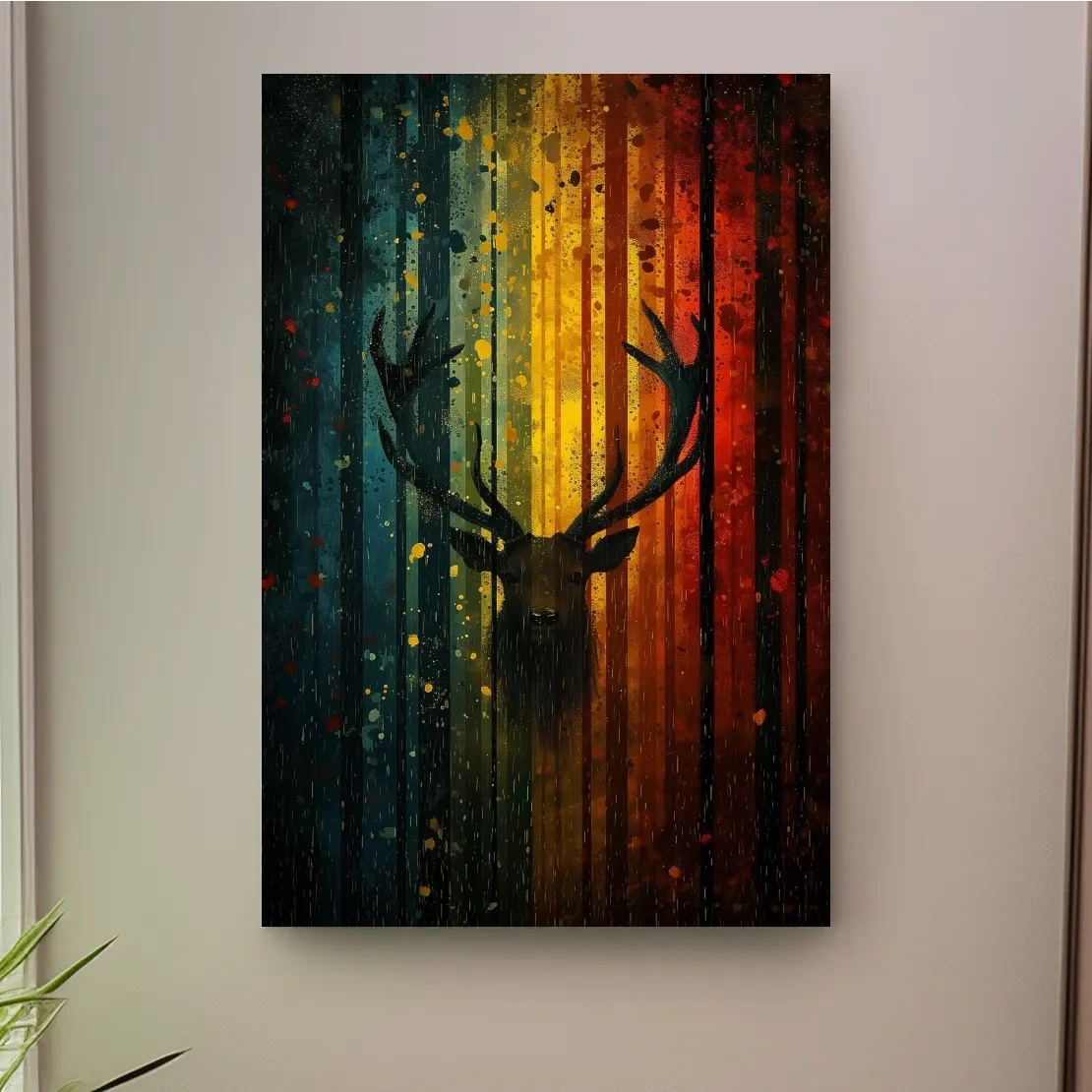 Abstract deer in a forest silhouette artwork, rainbow colours