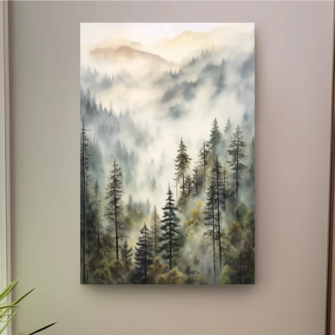 Misty Pine Forest Mountains Watercolor - Serene Foggy Landscape Wall Art