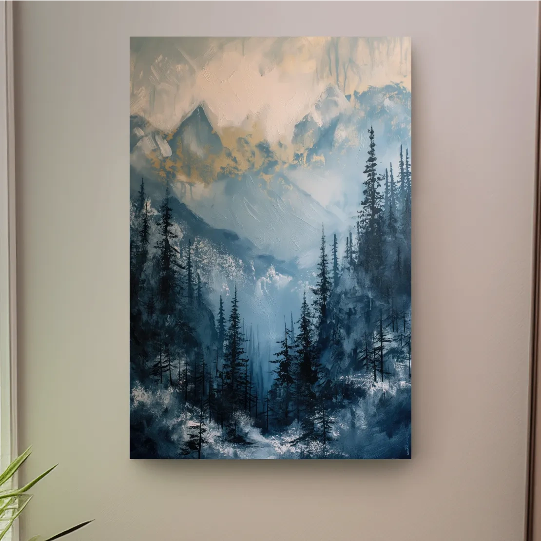 Moody Misty Blue Mountain Forest Painting - Textured Alpine Landscape Wall Art