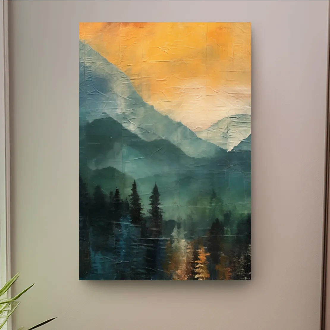 Rustic textured style art, mountains at sunset