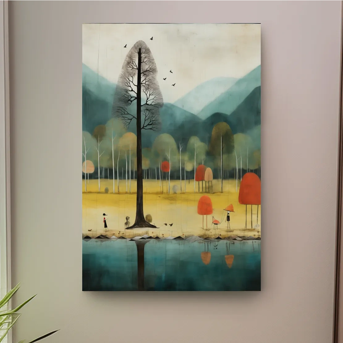 Whimsical Autumn Forest Lake Landscape - Quirky Nature Wall Art