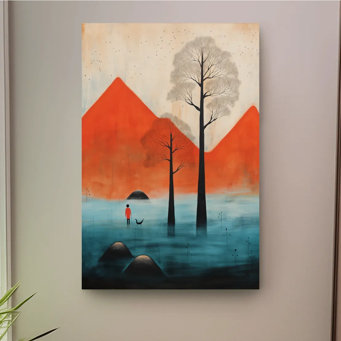 Surreal mountain artwork,rustic textured painting effect, dreamlike landscape wall art