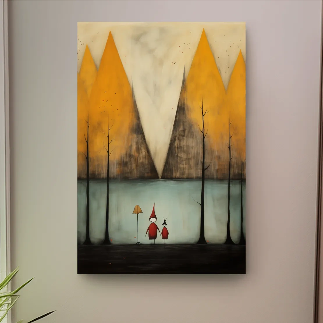 Quirky painting of people by a lakeside mountain scene in fall, whimsical forest scene artwork