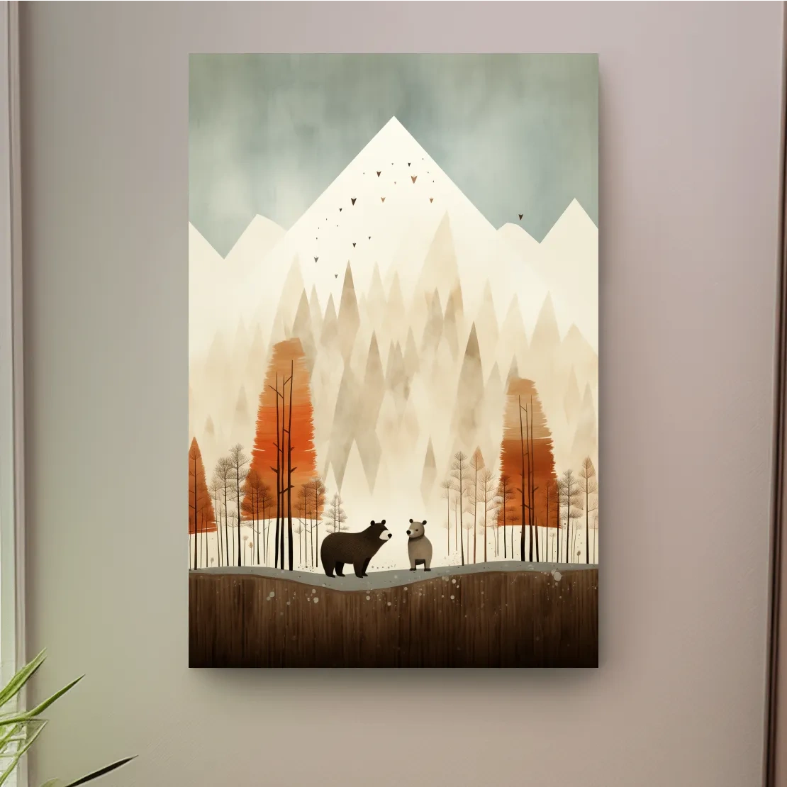 Bears in the forest in autumn, quirky childrens art illustration