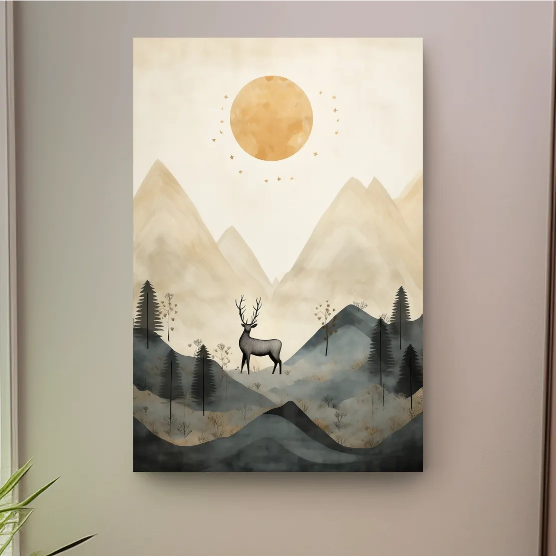 Deer standing in the forest under the night sky, quirky illustration art