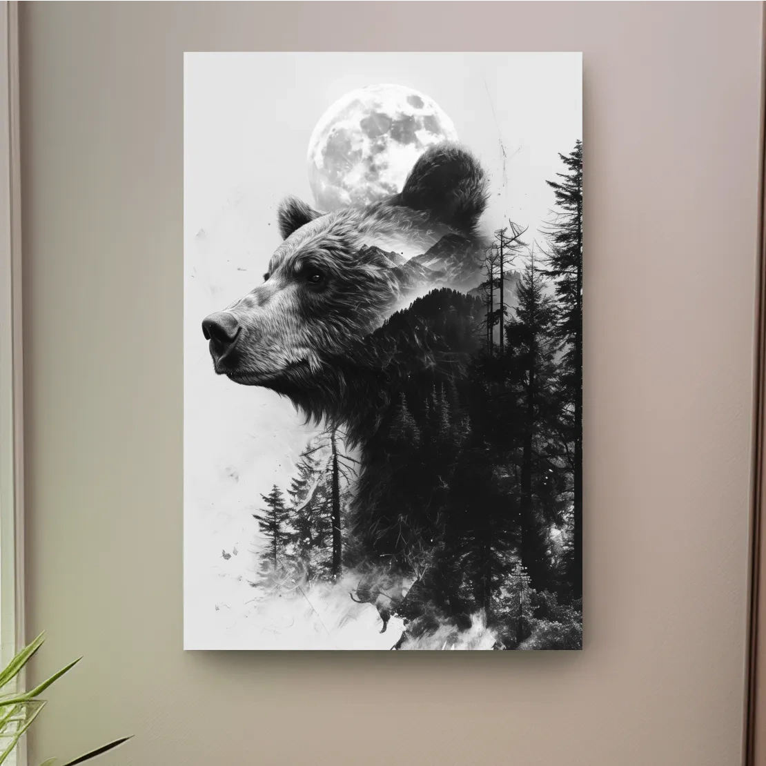 Double exposure style drawing artwork of a bear, forest, glacier and moon