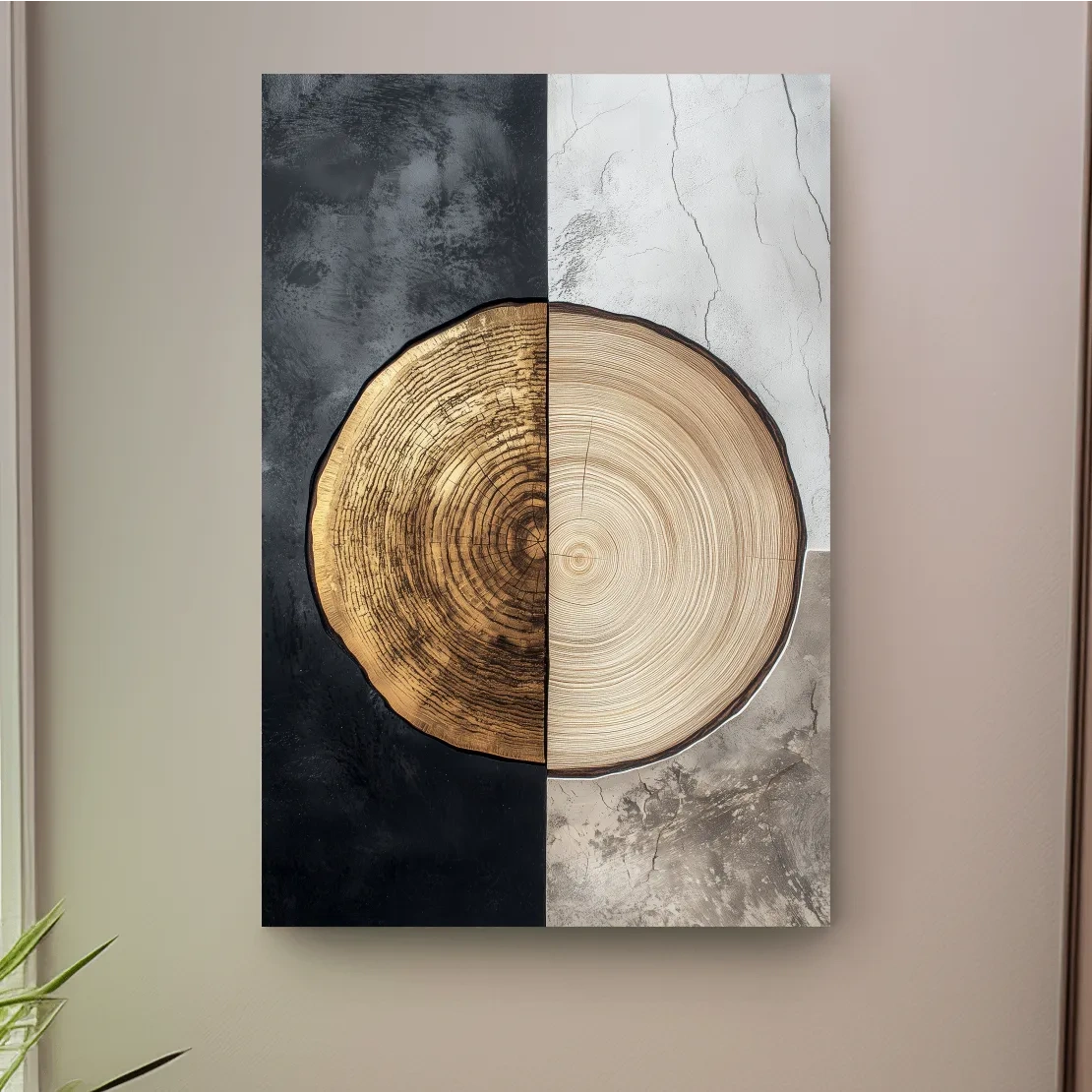 Split Marble And Charcoal Wood Slice - Modern Rustic Tree Ring Wall Art