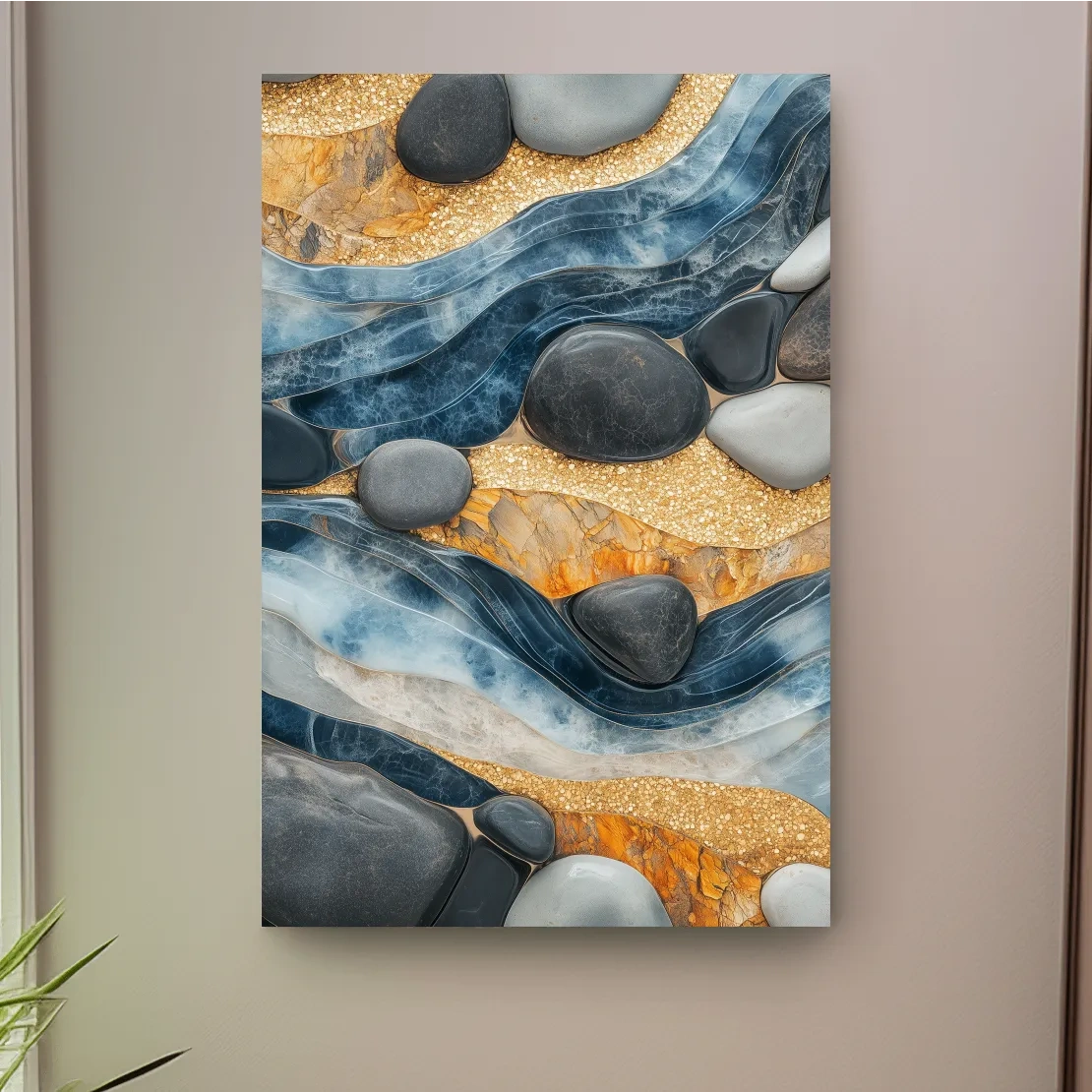 Natural stone and river rock wall artwork, abstract layered design