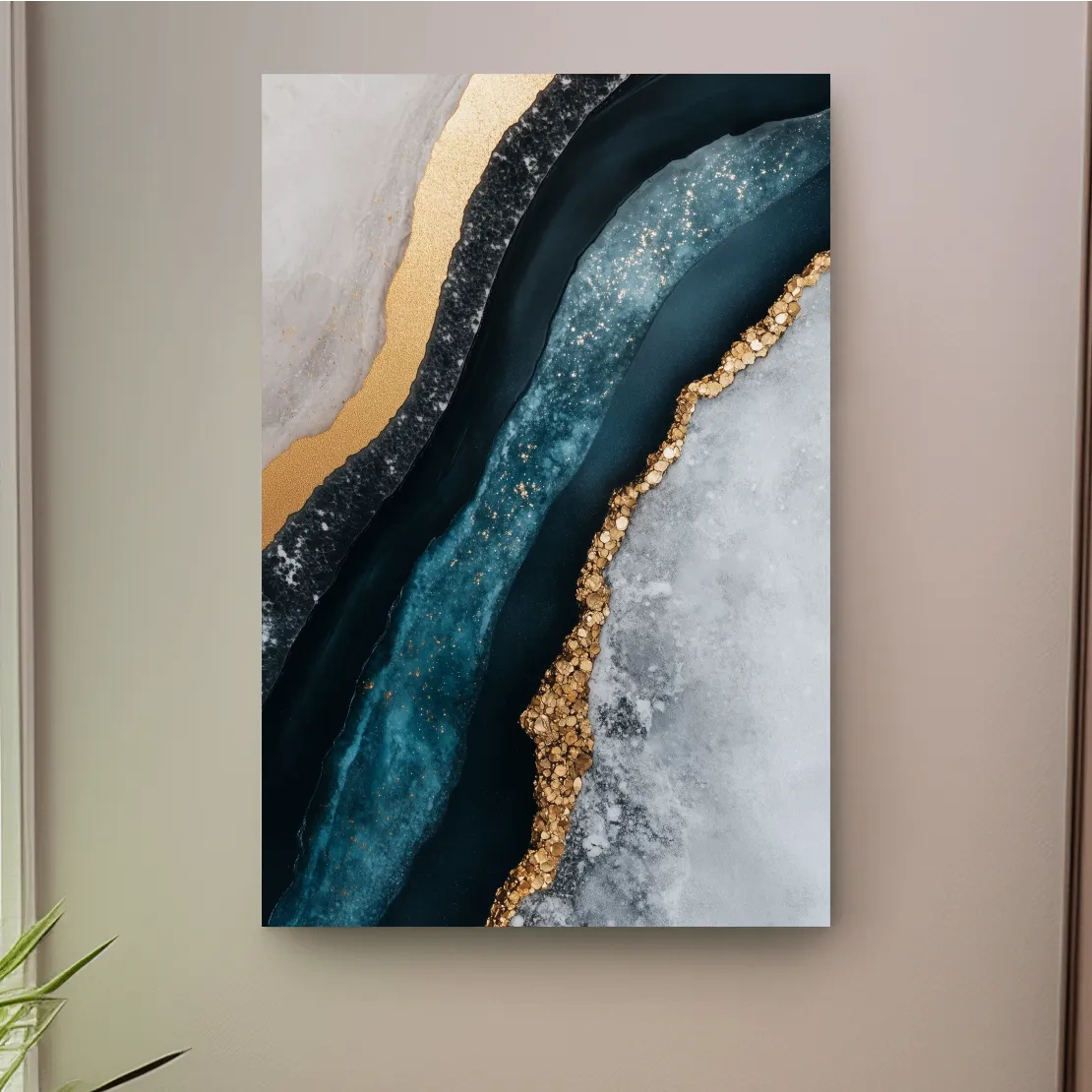 Elegant abstract geode artwork, blue and gold natural textured wall art