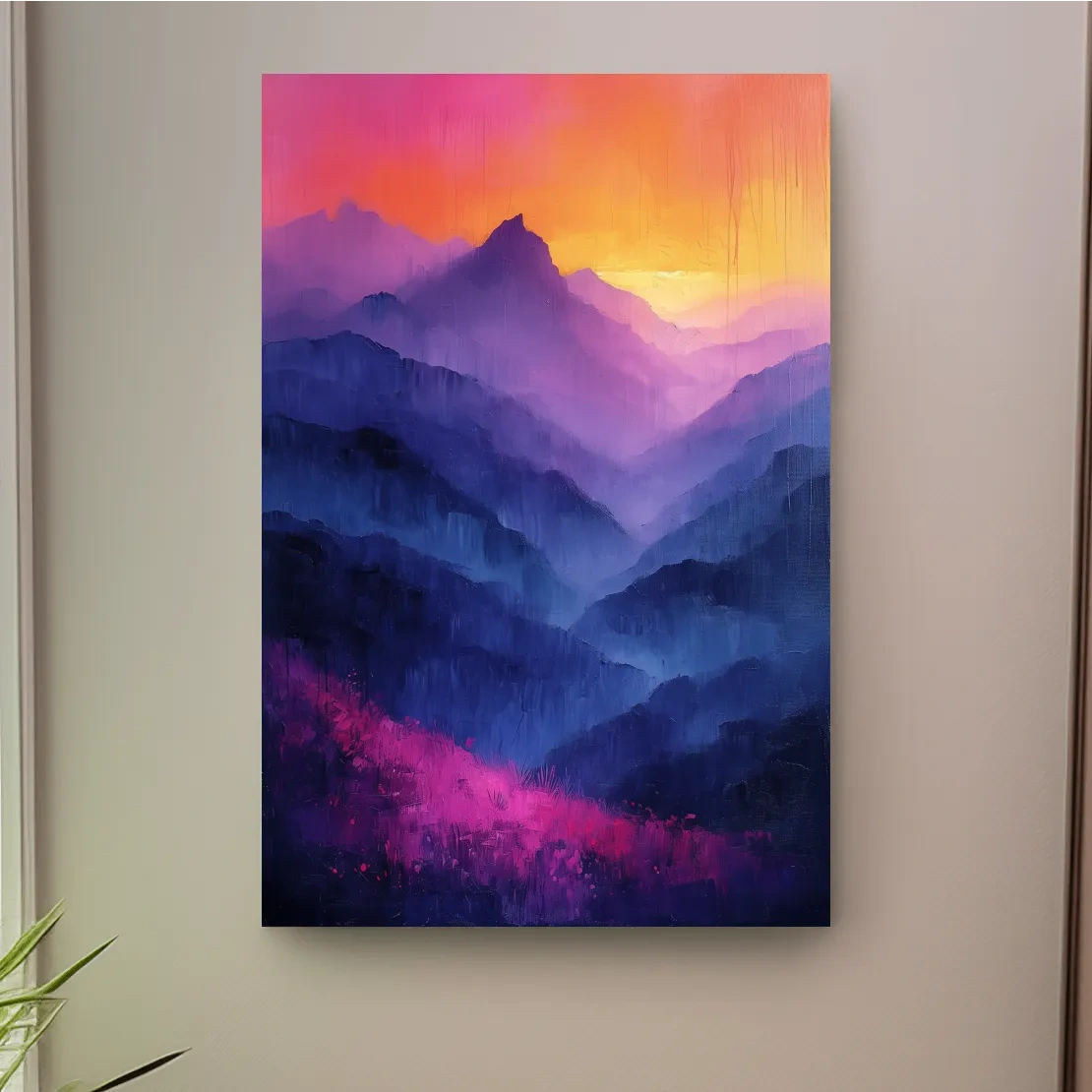 Colorful mountain sunset artwork, vibrant oil painting effect