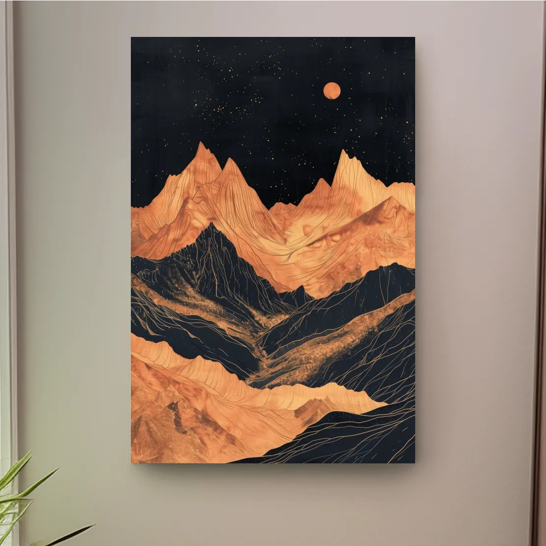 Moonlit elegant mountain artwork, metallic block print effect